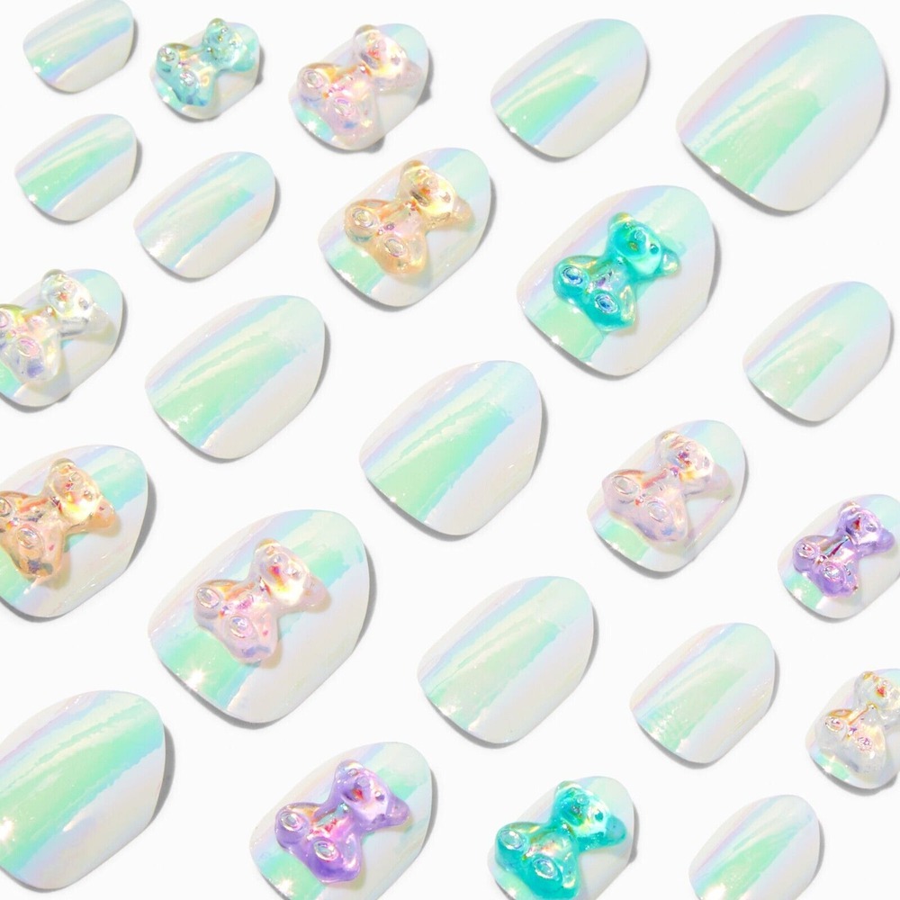 3D Bear Charm Iridescent Stiletto Press On Vegan Faux Nail‎ Set - 24 Pack